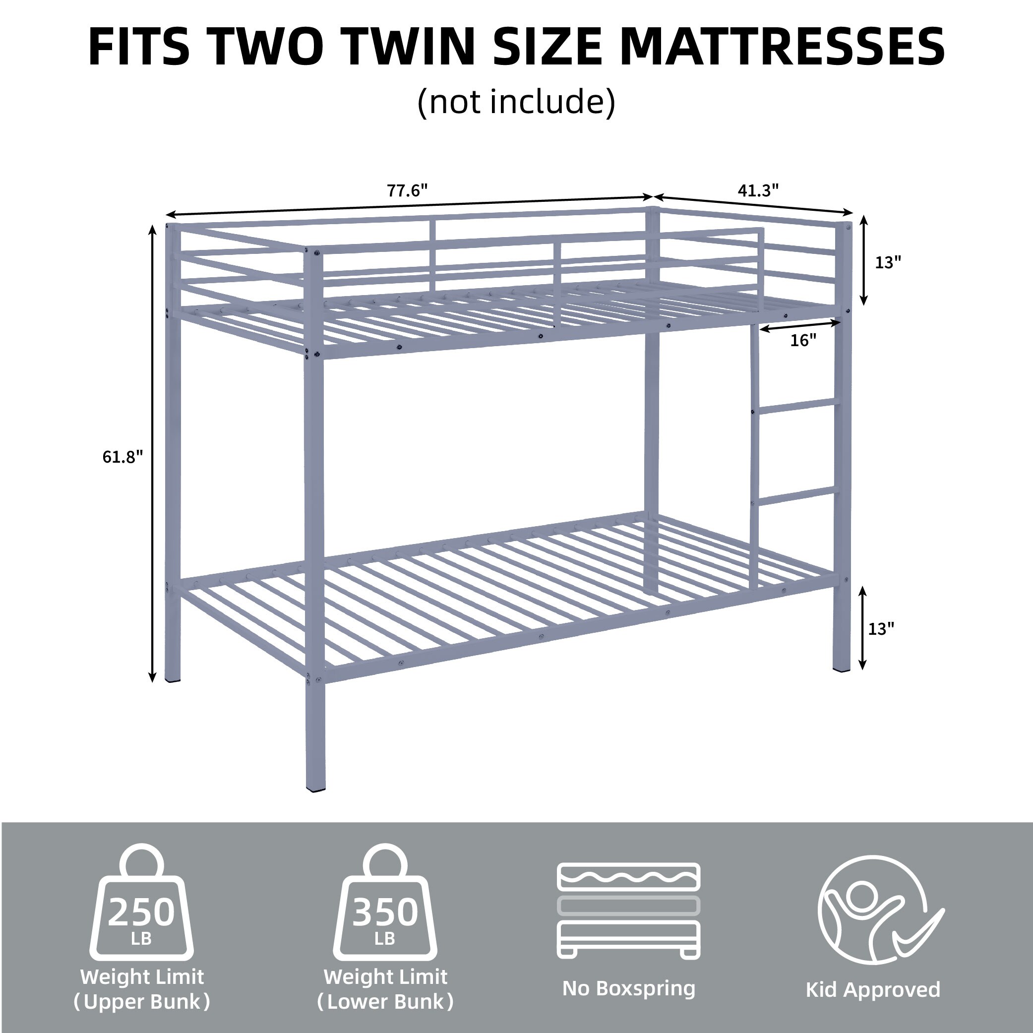 Metal Bunk Bed Twin Over Twin, Low Profile Bunk Bed Frame withBuilt-in Ladder, High Guardrail and Metal Slats, Space-Saving Twin Size Bed Frame for Kids Teens, No Box Spring Required, Gray Metal Bunk Bed Twin Over Twin, Low Profile Bunk Bed Frame withBuilt-in Ladder, High Guardrail and Metal Slats, Space-Saving Twin Size Bed Frame for Kids Teens, No Box Spring Required, Gray